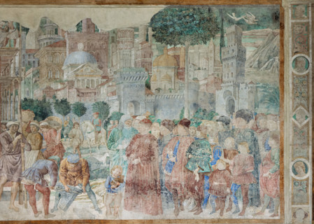 Pisa, Monumental Cemetery: 
 “Construction of the Tower of Babel”, frescoes by Benozzo Gozzoli,