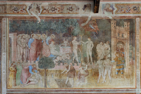 Pisa, Monumental Cemetery: 
above: “Stories of Adam and Eve”, frescoes by Piero di Puccio -