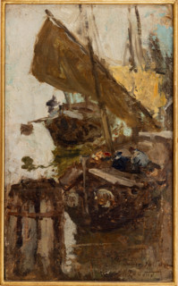 Collezione Assicoop Unipol, inv. n°  902: 
Giuseppe Miti Zanetti (1859-1929); “Al porto”, olio su