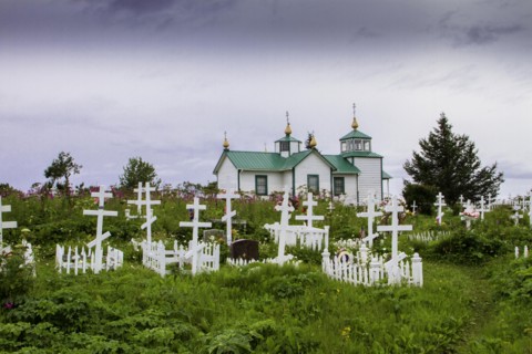 Russian cemetery and orthodox church in Ninilchik, Kenai peninsula, Alaska