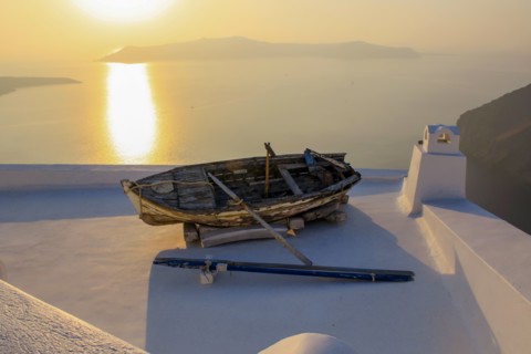 Boat on rooftop, Santorini, Greece