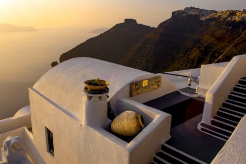 Stairs leading to a hotel, Santorini, Greece