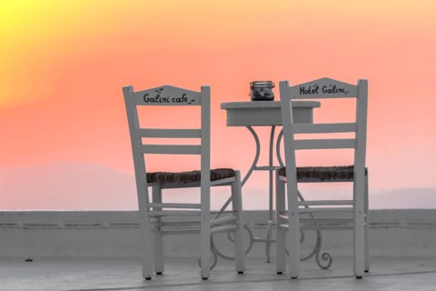 Chairs of the café of the hotel Galini in Firostefani, Santorini, Greece