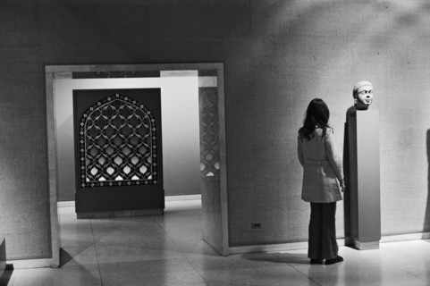 Woman Viewing Artwork in Museum, Chicago, Illinois, USA