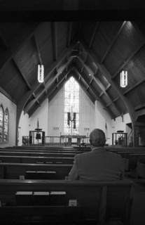 Man Sitting Alone in Church, Rear View