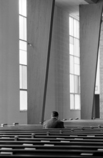 Man Sitting Alone in Church, Rear View