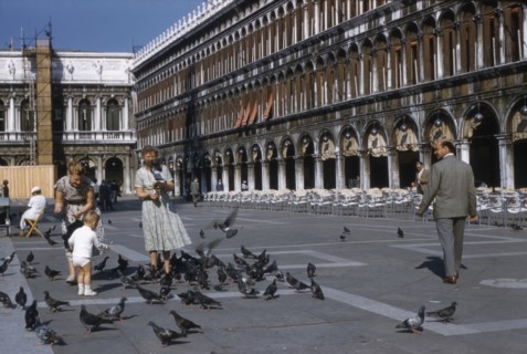 Women and Child Feeding Pigeons, Venice, Italy, 1956