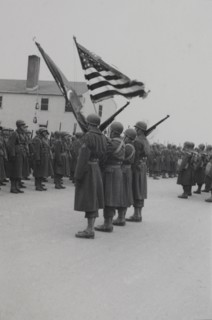 Military Soldiers in Marching Formation during Training Session Outdoor, WWII, HQ 2nd Battalion, 389th Infantry, US Army Military Base, Indiana, USA, 1942