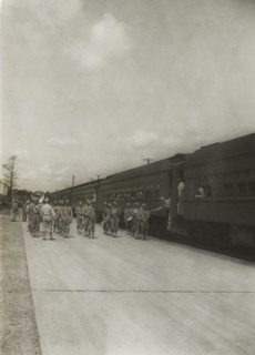 Soldiers Boarding Trains for East Coast USA with Eventual Departure by Ship to Europe, WWII, HQ 2nd Battalion, 389th Infantry, US Army Military Base, Indiana, USA, 1942