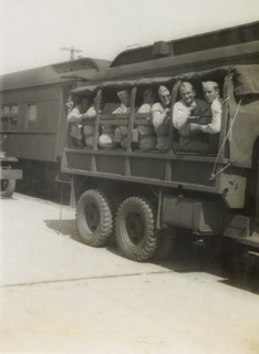 Group of Soldiers on Truck, Awaiting Departure for East Coast USA with Eventual Departure by Ship to Europe, WWII, 2nd Battalion, 389th Infantry, US Army Military Base, Indiana, USA, 1942