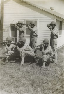 Group of Soldiers Displaying Proper Shooting Position During Training Session, WWII, 2nd Battalion, 389th Infantry, US Army Military Base Indiana, USA, 1942