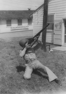 Soldier Displaying Proper Shooting Position During Training Session, WWII, 2nd Battalion, 389th Infantry, US Army Military Base Indiana, USA, 1942