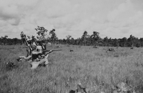 Group of Soldiers Displaying Proper Shooting Position in Field During Training Session, WWII, 2nd Battalion, 389th Infantry, US Army Military Base Indiana, USA, 1942