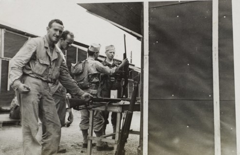 Soldiers Cleaning Rifles, WWII, 2nd Battalion, 389th Infantry, US Army Military Base Indiana, USA, 1942