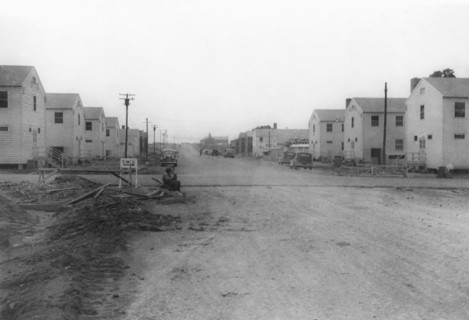 Military Buildings Along Dirt Road, WWII, 2nd Battalion, 389th Infantry, US Army Military Base Indiana, USA, 1942