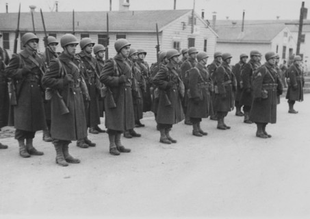 Military Soldiers at Attention, WWII, HQ 2nd Battalion, 389th Infantry, US Army Military Base, Indiana, USA, 1942