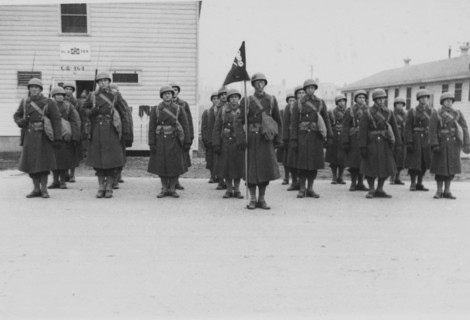 Military Soldiers at Attention, WWII, HQ 2nd Battalion, 389th Infantry, US Army Military Base, Indiana, USA, 1942