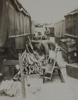 Soldiers in Storage Area Behind Tents, WWII, 325th Infantry, US Army Military Base, Camp Claiborne, Louisiana, USA, 1942