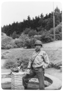 Soldier near Fountain, Portrait, WWII, Third Army Division, US Army Military, Europe, 1943