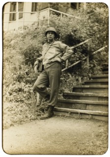 Soldier at Base of Stairway, Portrait, WWII, Third Army Division, US Army Military, Europe, 1943