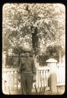 Soldier Standing Near Fence, Portrait, WWII, Third Army Division, US Army Military, Europe, 1943
