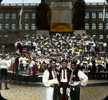 Reception to Prime Minister Edvard Benes, Wenceslas Square, Prague, Czechoslovakia, Magic Lantern Slide, circa 1921