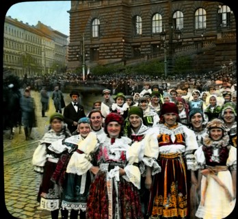 Young Women in National Costumes, Wenceslas Square, Prague, Czechoslovakia, Magic Lantern Slide, circa 1921