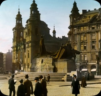 Baroque St. Nicholas Church (L), with Statue of Jan Hus (R), on Staromestské Square, Prague, Czechoslovakia, Magic Lantern Slide, circa 1925