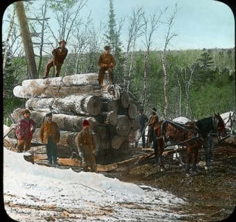 Workers with Load of Logs, Kettle River Landing, Minnesota, USA, Magic Lantern Slide, circa 1915