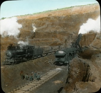 Steam Shovel at Work from Ore Mine, Wesabi Range, Minnesota, USA, Magic Lantern Slide, circa 1910