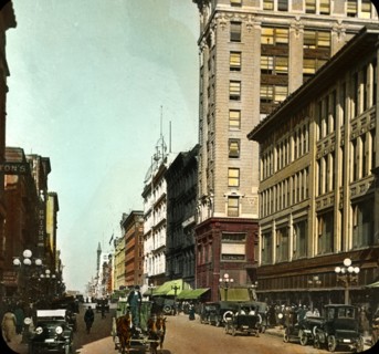 Busy Street Scene, Minneapolis, Minnesota, USA, Magic Lantern Slide, circa 1910