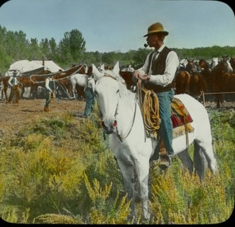 Cowboys, Bronco Corral and Camps, Montana, USA, Magic Lantern Slide, circa 1910
