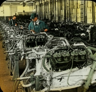 Experts Testing Automobile Engines in Detroit Plant, Michigan, USA, Magic Lantern Slide, circa 1915