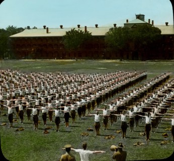 Army Soldiers doing Exercises, USA, Magic Lantern Slide, circa 1918