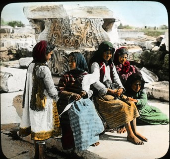 Greek Children Among Ancient Ruins, Athens, Greece, Magic Lantern Slide, circa 1910