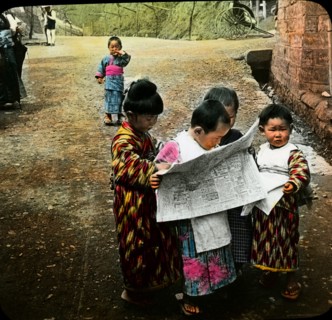 Young Children Reading Newspaper, "Have you Learned to Read?", Japan, Magic Lantern Slide, circa 1910
