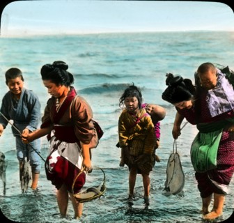 Mothers and Children Fishing, Japan, Magic Lantern Slide, circa 1910