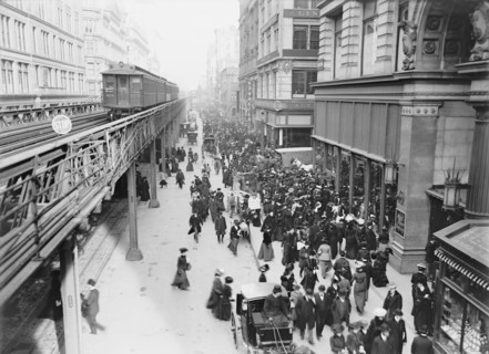 Shoppers and Elevated Train Along Sixth Avenue, New York City, New York, USA, Detroit Publishing Company, 1903