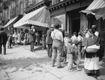 Group of People in Line to Receive Free Ice, New York City, New York, USA, Detroit Publishing Company, 1903