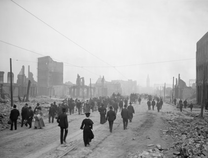 Large Group of People Walking Along Ruins of Market Street toward Ferry after Earthquake, San Francisco, California, USA, Detroit Publishing Company, 1906