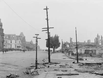 Van Ness Avenue, Limit of Fire, after Earthquake, San Francisco, California, USA, Detroit Publishing Company, 1906