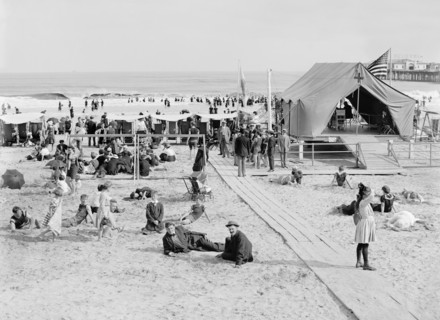 Beach Scene with First Aid Tent, Atlantic City, New Jersey, USA, Detroit Publishing Company, 1910