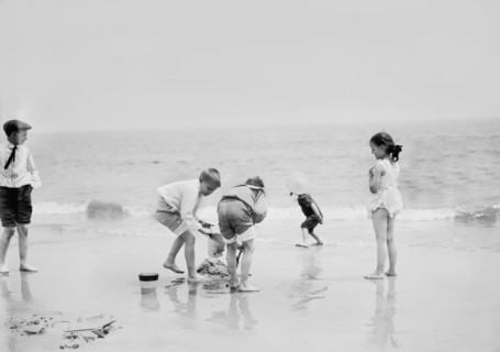 Children Building Sandcastles at Beach, Coney Island, New York, USA, Detroit Publishing Company, 1905