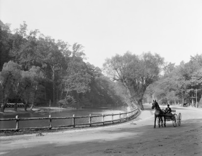 Horse and Buggy along Wissahickon Creek and Drive, Fairmount Park, Philadelphia, Pennsylvania, USA, Detroit Publishing Company, 1908