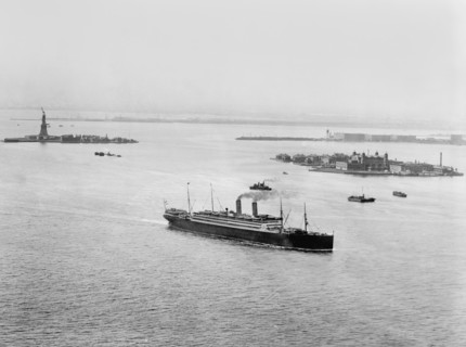 Statue of Liberty, Ellis Island and Ship in Harbor, New York City, New York, USA, Detroit Publishing Company, 1910