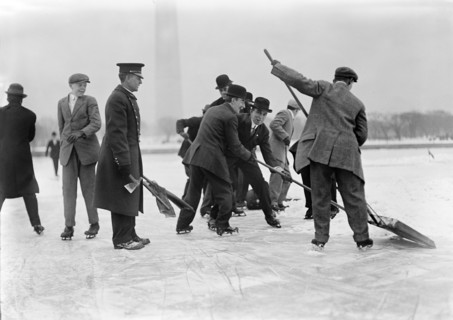 Ice Skating Party with Washington Monument in Background, Washington DC, USA, Harris & Ewing, 1912