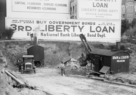 Downtown Construction with Large Billboards in Background, Buy Government Bonds, Washington DC, USA, Harris & Ewing, 1916