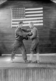 Two Military Men Boxing at Training Camp with American Flag in Background, USA, Harris & Ewing, 1918
