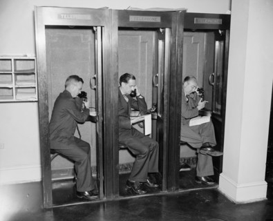 Reporters in Phone Booths in Press Room, White House, Washington DC, USA, Harris & Ewing, 1937