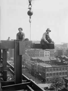Two Workers Sitting on Steel Beams during Building Construction, USA, Harris & Ewing, 1929